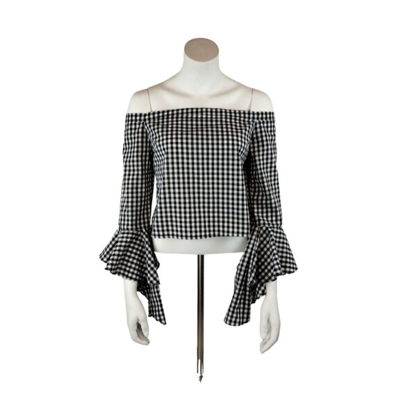 Forever 21 Misses Small Black and White Gingham Crop Top with Bell Sleeves New - Picture 1 of 8